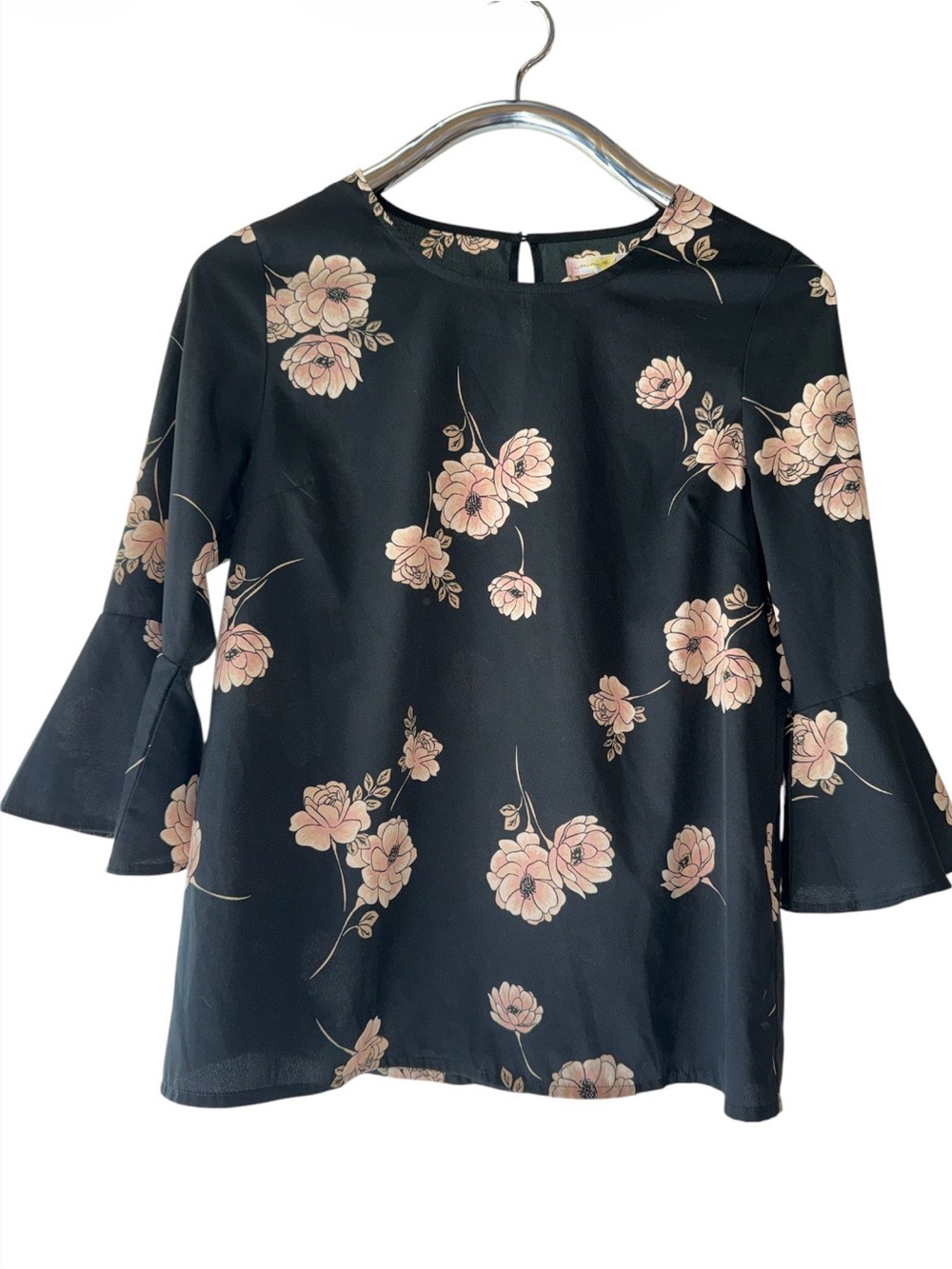 Black Floral Bell-Sleeve Blouse with Blush Flowers